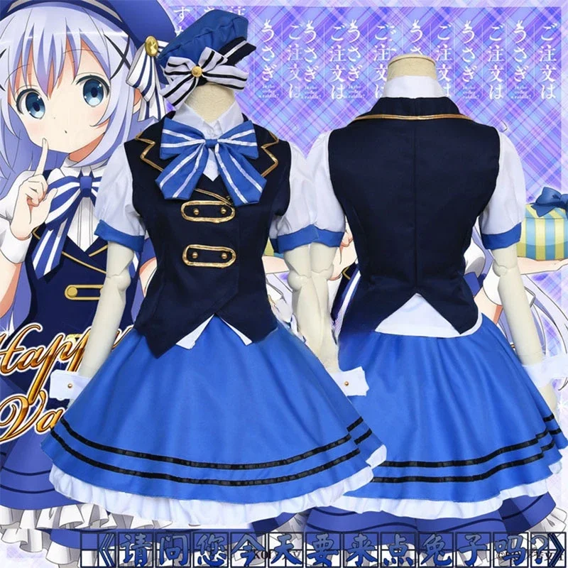 HN8 Hoto Kokoa Kafuu Chino Kirima Syaro ist die Bestellung ein Kaninchen Cosplay Kostüm Frauen Mädchen Uniform Kleid mit Hut Rollenspiel Pa) 4Dc