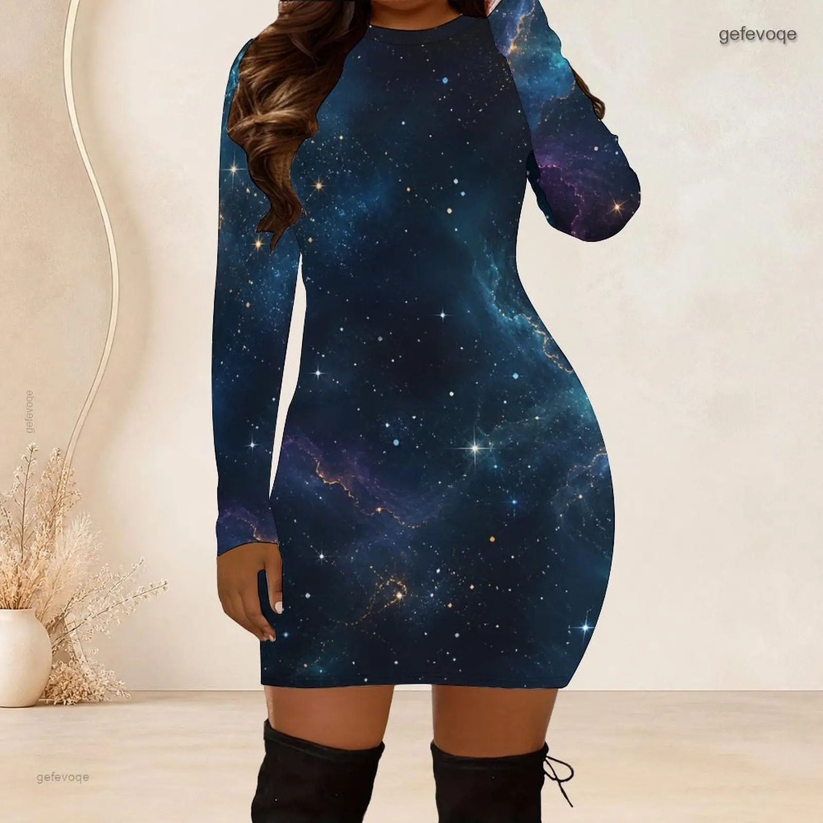 Women Crew Neck Long Sleeve Bodycon Mini Dress Slim Fitted Pencil Short Dress Custom Print Ladies Club Party Dresses