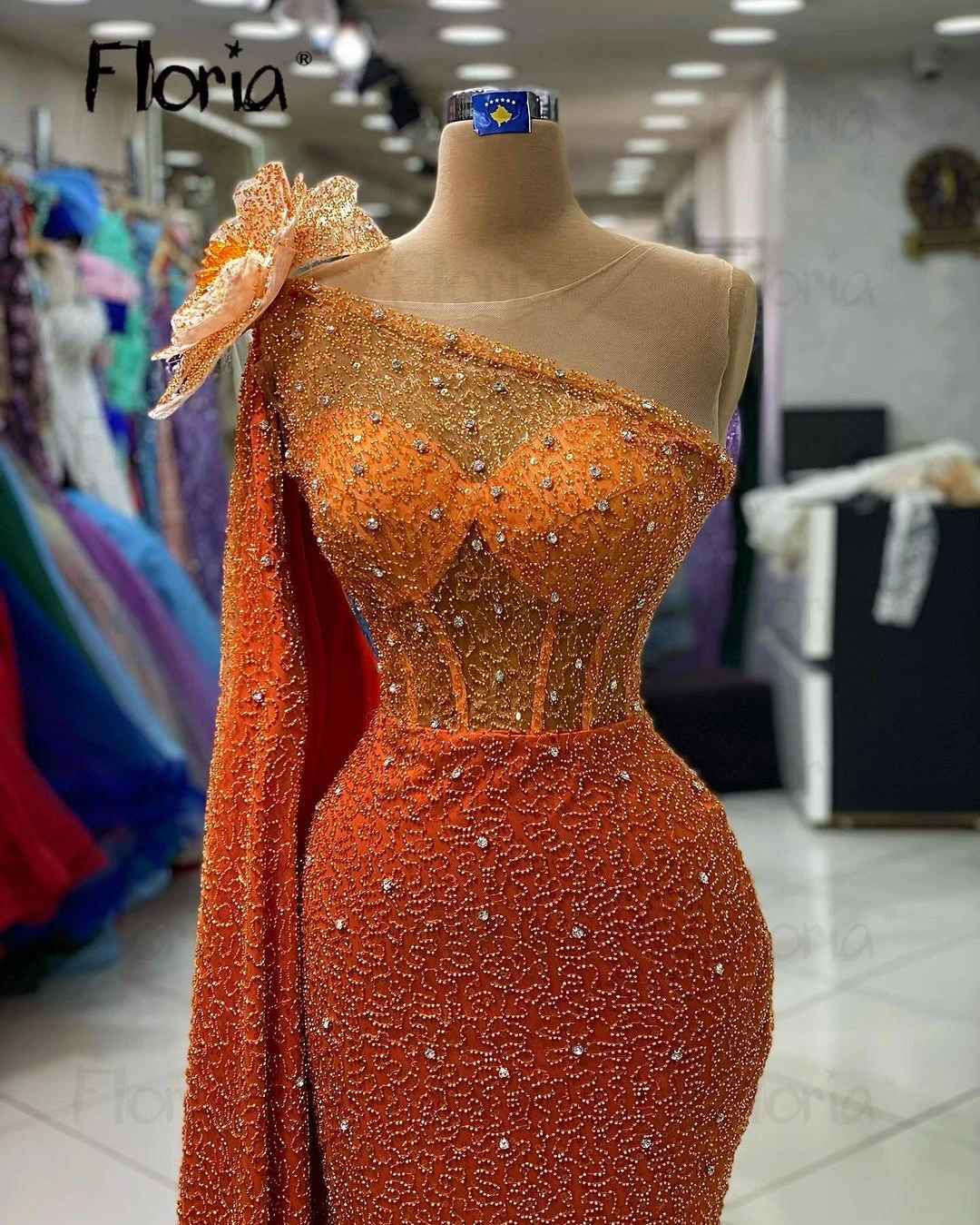 Floria Sparkly Orange Long Cape Sleeve Evening Dress African Girls Luxury Crystals Formal Prom Party Gowns 5D Flower Shoulder