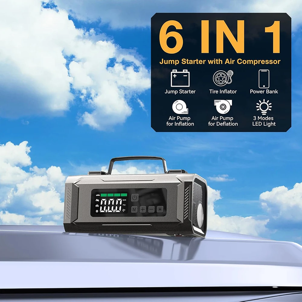 New Model Battery Jumper Starter With Inflator Portable 6 In 1 Emergency Power Bank Supply Air Compressor Car Inflator LED