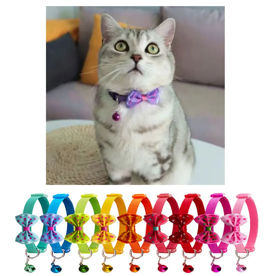 Bowknot Dot Cat Collar With Bell Cute Breakaway Safety Small Pet Dog Collier Chain Quick Release Chats Supplies for kitten Puppy