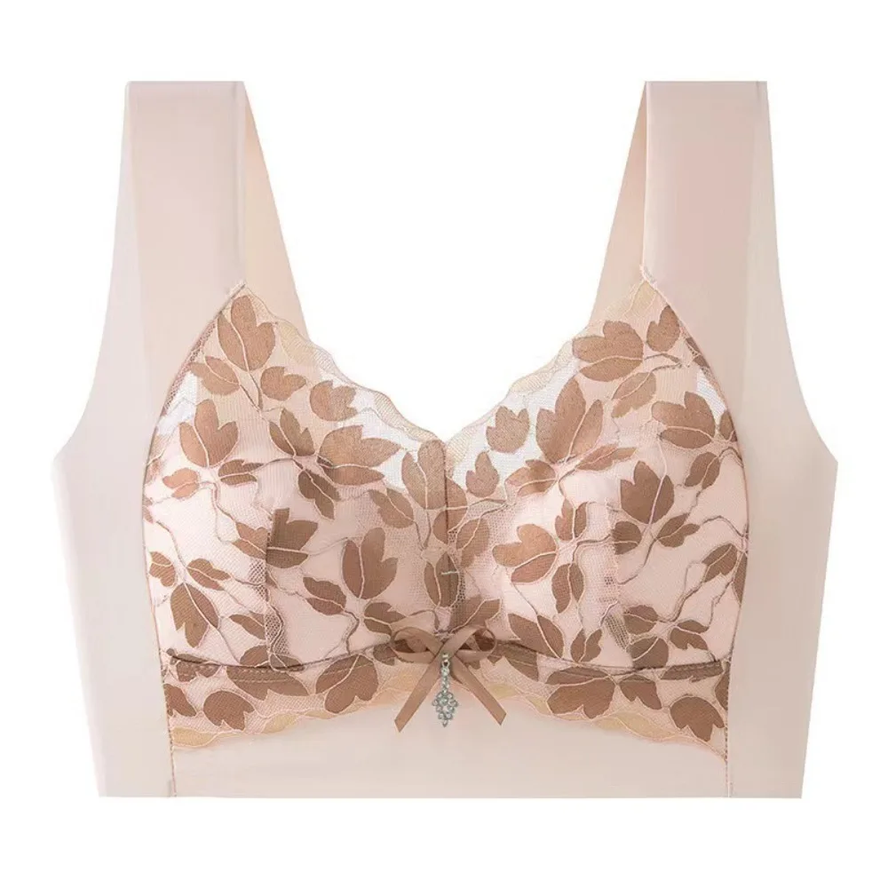 

Breathable Leaf Lace Deep V Bras Bowknot Big Cup Push Up Bras Zircon Gathered Breasts Wireless Bras Running
