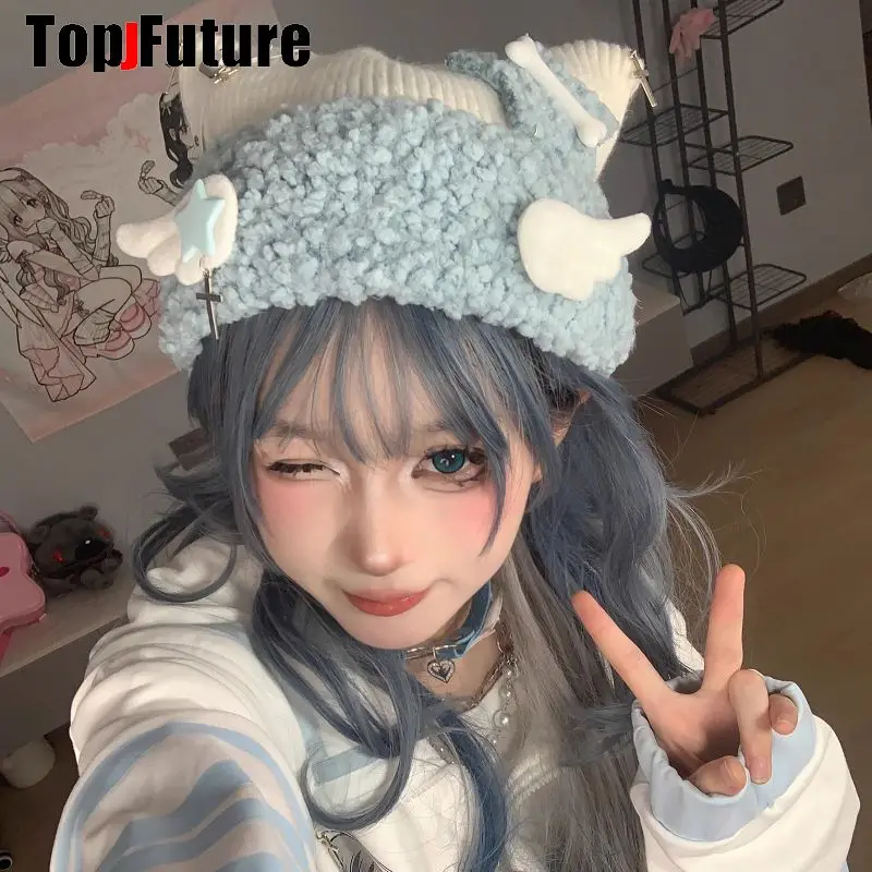 Women Y2K Girl Harajuku Gothic LolitaAqua blue subculture knitted hat cat ear hat mine series cute Bomber hat Winter Beanie Hat