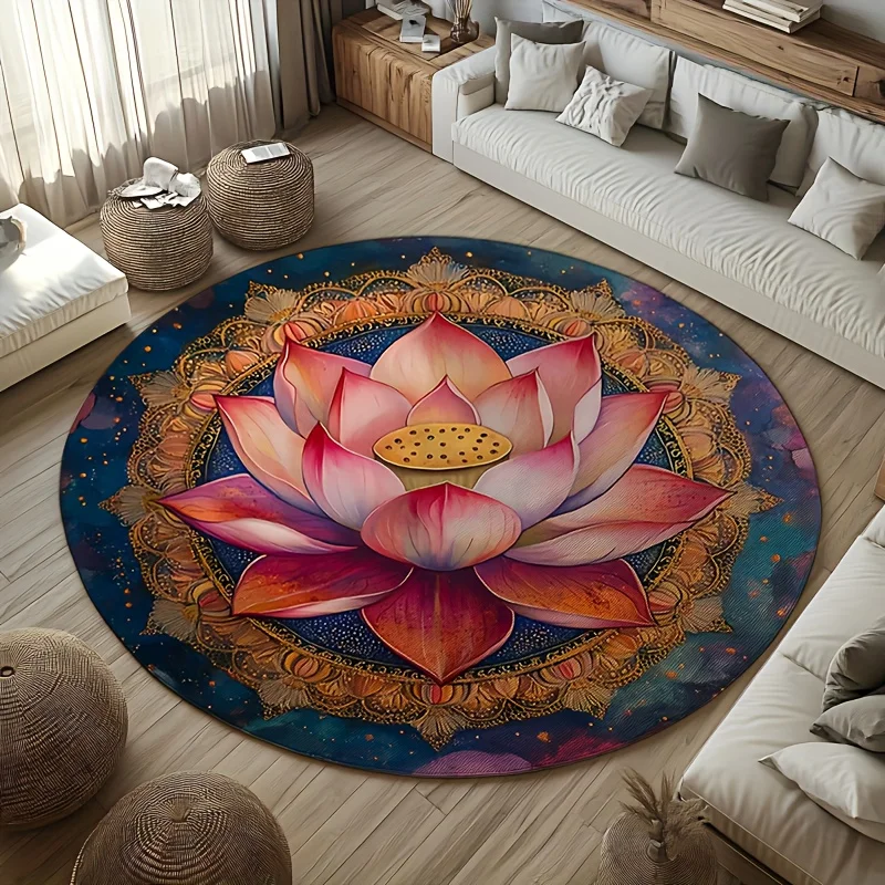 Lotus Mandala Art Round Rug Flannel Printed Carpet Boho Design Home Decor Cozy Soft Floor Mat Living Room Indoor Use