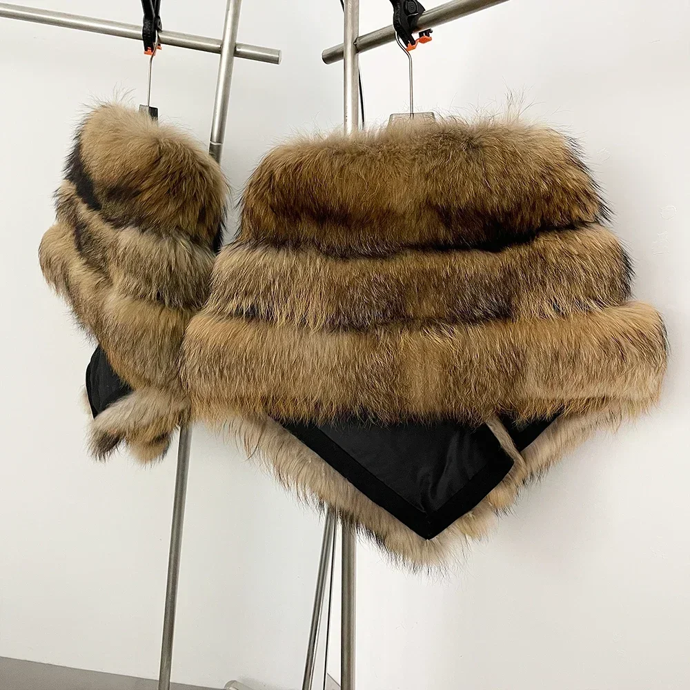 OFTBUY Dame Natürliche Waschbären Pelzmantel Kleidung Schal Warme 2025, Winter Top Kleidung Mode Echtpelz Mantel Tippet Weibliche Pelz Jacke