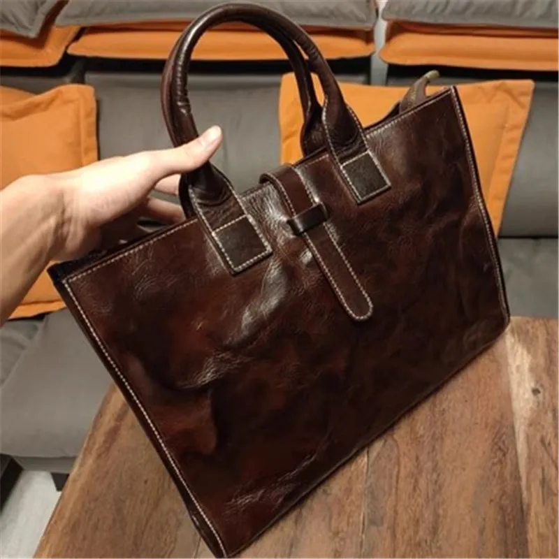 Vintage high-quality genuine leather men's briefcase business casual designer luxury real cowhide computer handbag work satchel