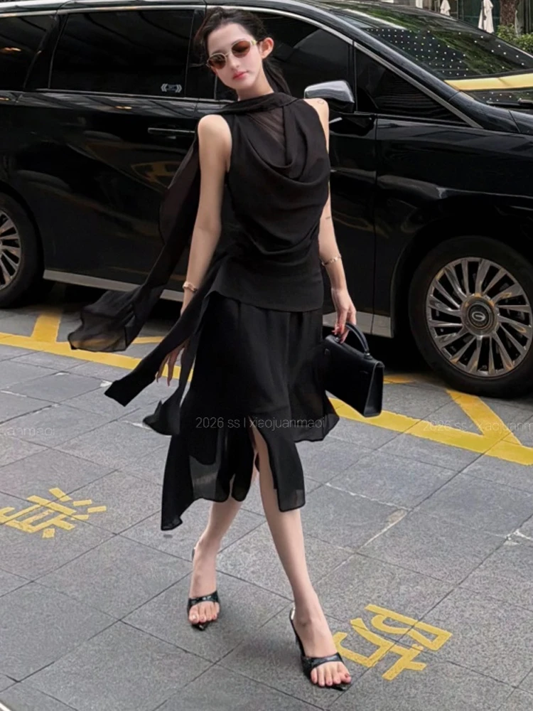Sexy Spicy Girl Sleeveless Vest Top Skirt Set with Sashes Bell Bottoms Slimming Asymmetrical High Waist for Casual Wear