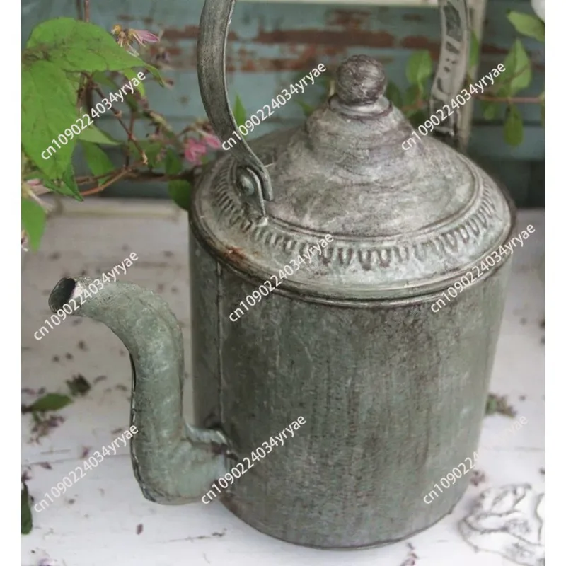 Vintage Rustic Metal Teapot Planter with Lid, Garden Home Decor, Distressed Green Finish, 13 Inch Height with Handle, 9.4 Inch W