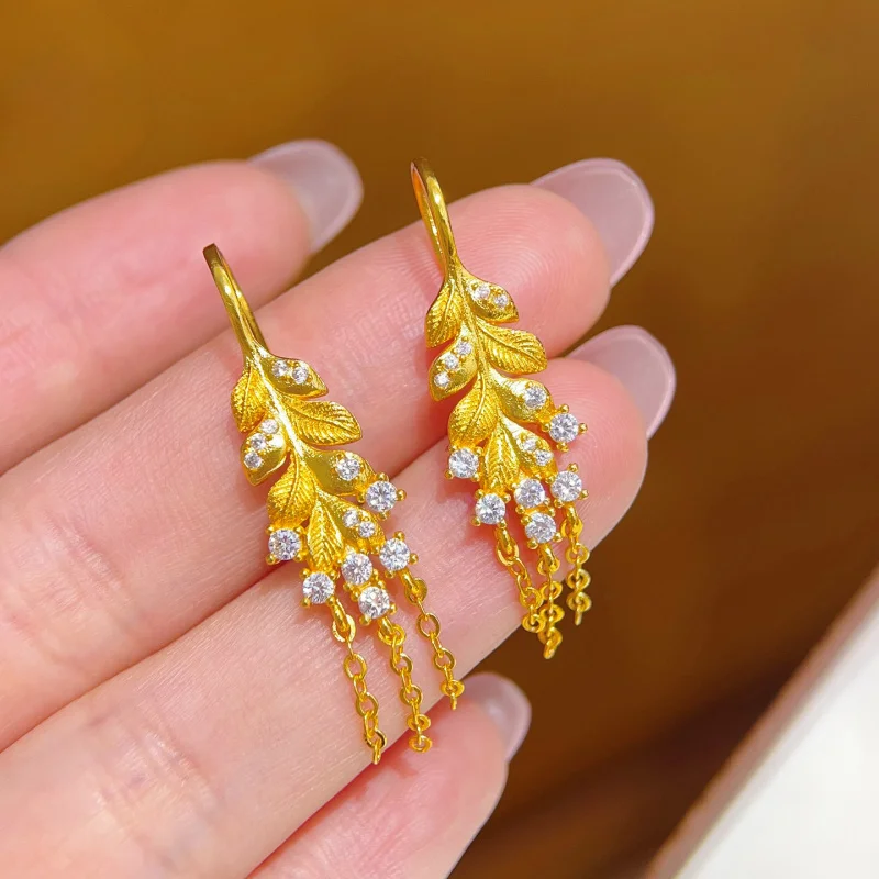 Luxury 100% Real 24K Gold New Chinese Retro Diamond Sparkle Wheat Tassel Earrings, Flowing Safe Ear Hook Gift For Girlfriend