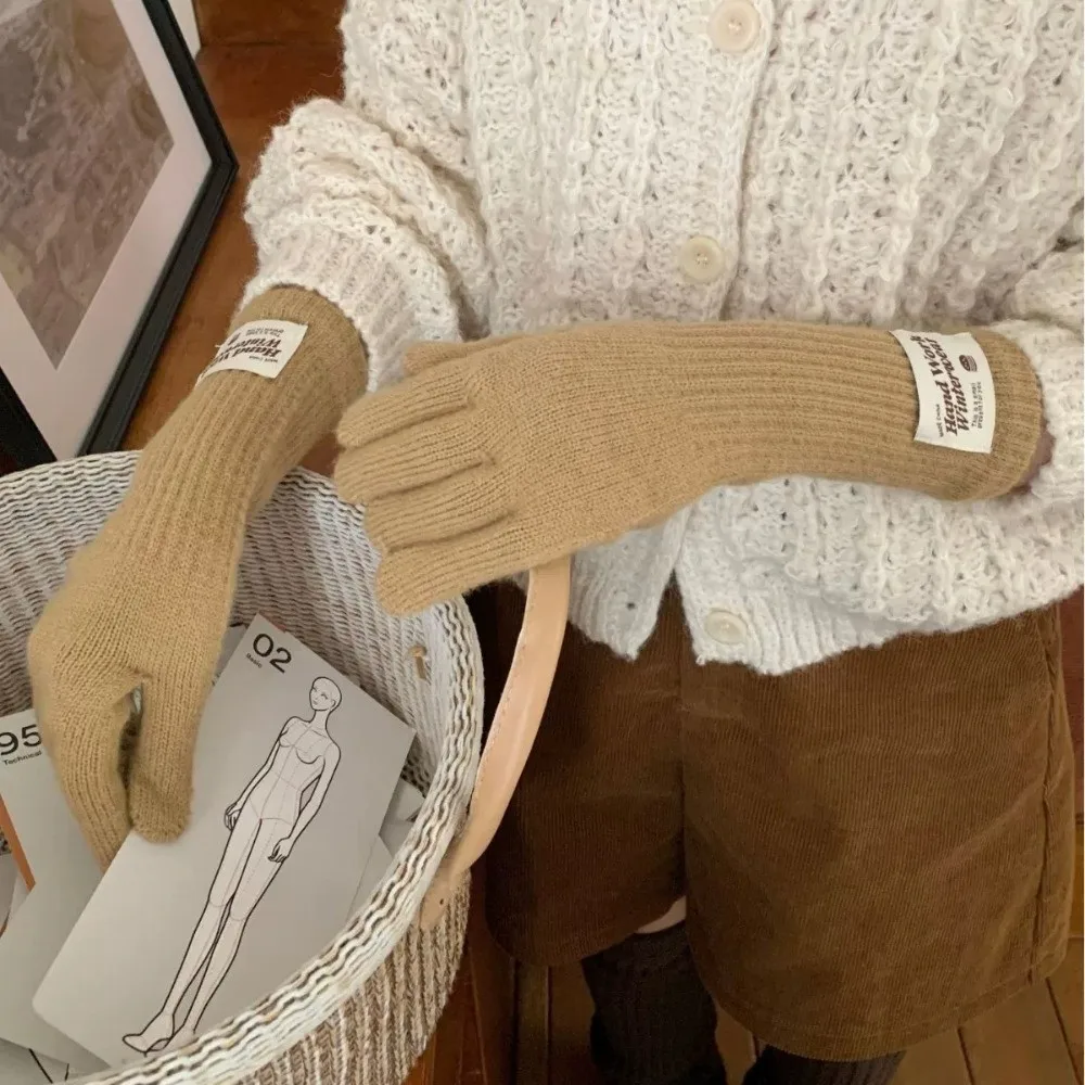 Long Solid Color Open Tip Touch Screen Gloves Acrylic Material One Size Winter Knitted Gloves Warm Five Finger Gloves For Women