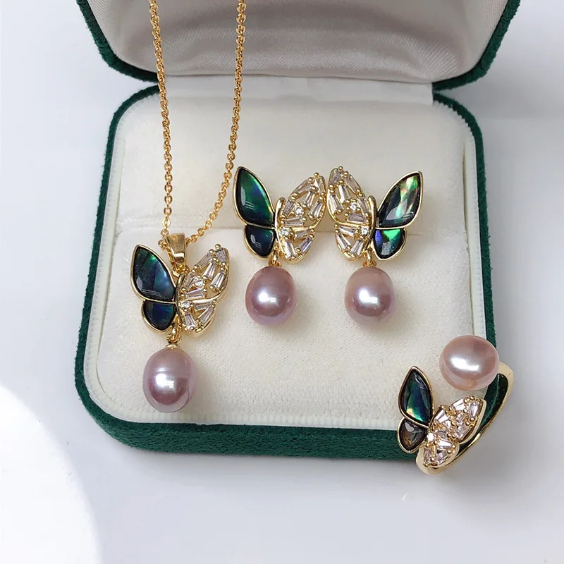 one Set abalone shell freshwater pearl rice 7-8mm white/gray/pink/purple/black earring ring pendant NECKLACE  butterfly