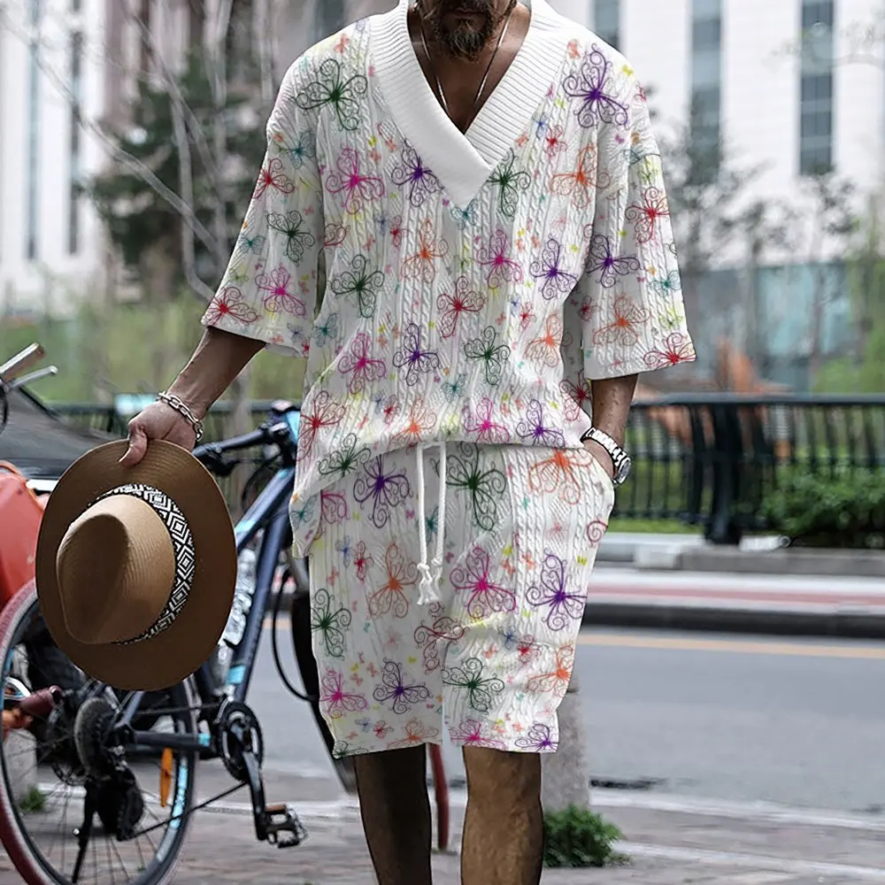 

2025 Fashion Men's Beach Vacation Travel Set V-Neck Short Sleeve Butterfly Pattern All-Over Print Shorts Casual Holiday Wear