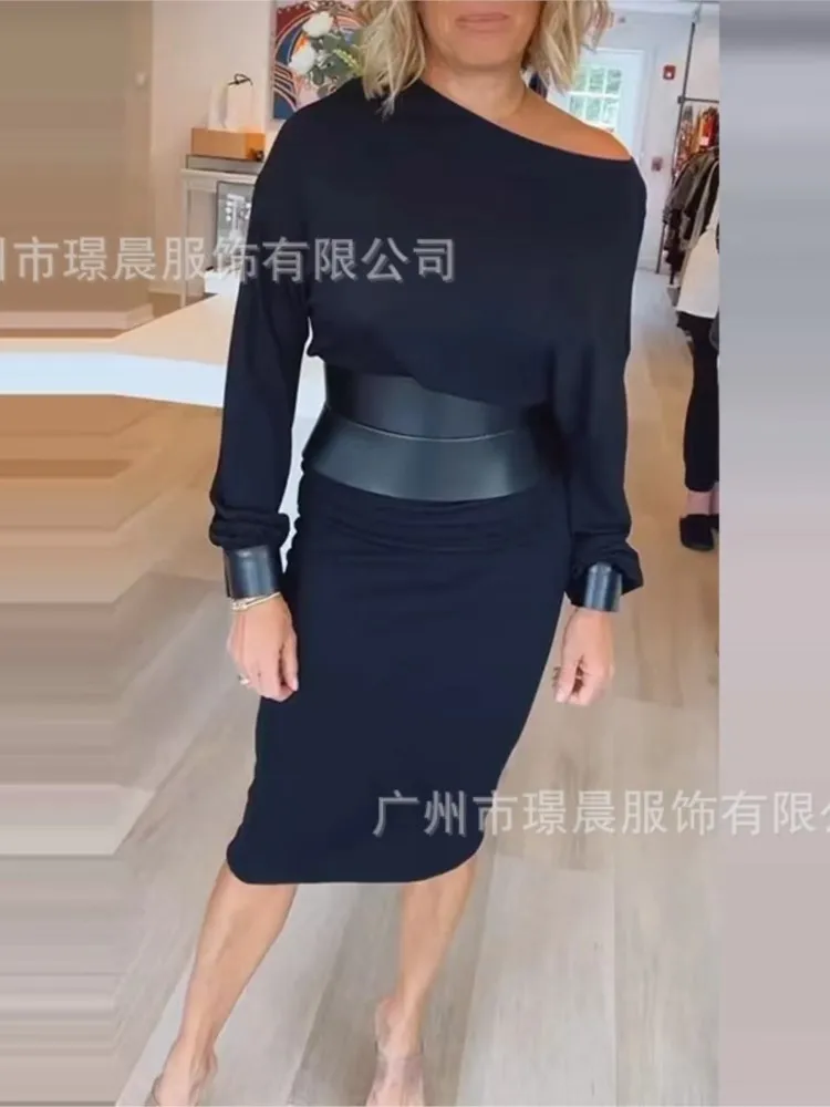 فساتين سوداء غير رسمية خريف جديد أزياء نسائية أنيقة + فستان بحزام جلدي للنساء فساتين حفلات العطلات رداء فام #3