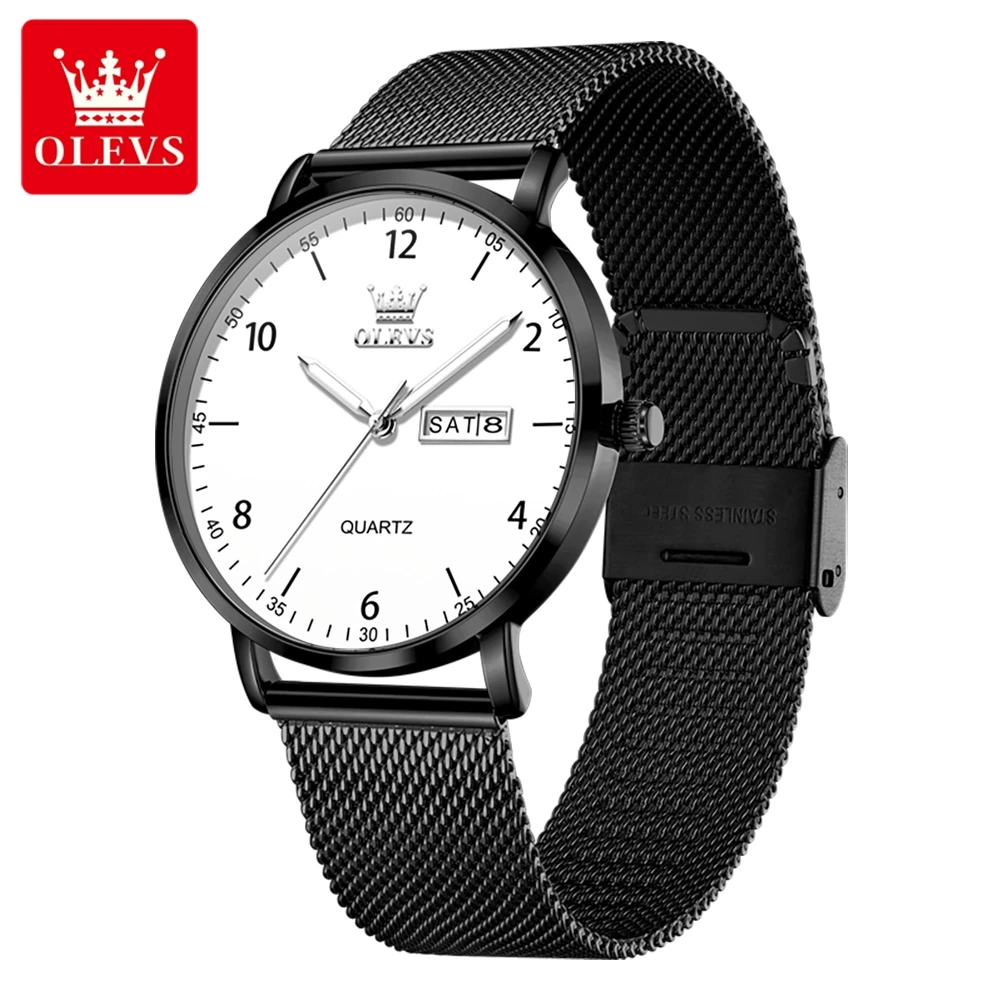 OLEVS Original Quartz Watches for Men Minimalist Mesh Steel Strap Men's Watches Dual Calendar Waterproof Luminous Man Watch 2996