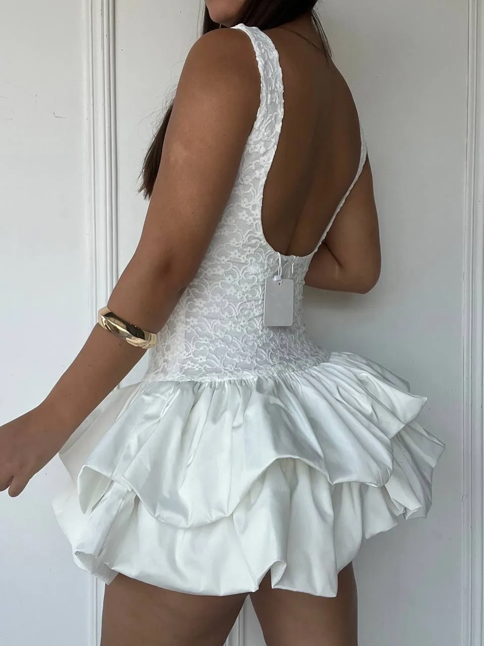 Süßes Spitzen-Sommerkleid für Damen, Ärmelloses Rüschenkleid aus Satin für Abschlussball und Party, Lässiges Modisches Puffärmel-Cocktailkleid aus Taft