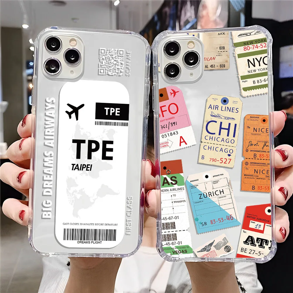 Plane Ticket Label Travel Phone Case For iPhone 15 14 13 12 11 Pro X XS XR Max 7 8 Plus SE Mini 20 22 Soft Clear TPU Back Cover