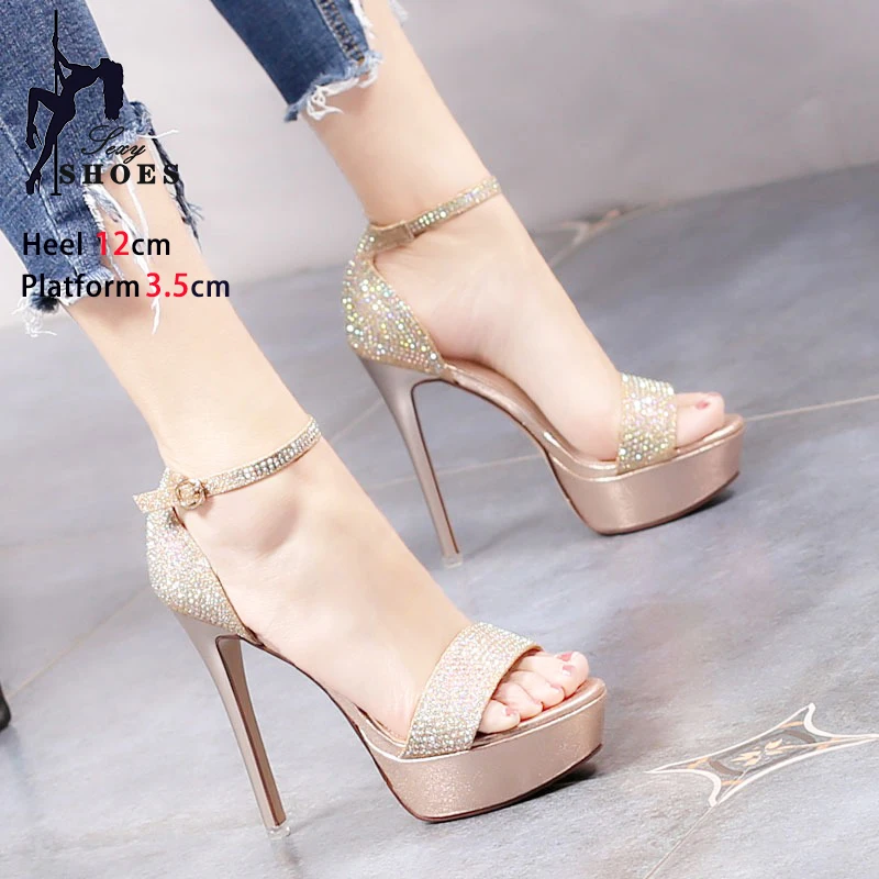 Elegant Style Party Dress Shoes Bling Wedding Sandals 12CM Stiletto Womens Platform High Heels Gold Rhinestone Summer Club Shoes