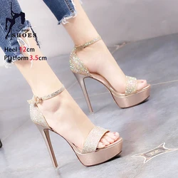 Elegant Style Party Dress Shoes Bling Wedding Sandals 12CM Stiletto Womens Platform High Heels Gold Rhinestone Summer Club Shoes