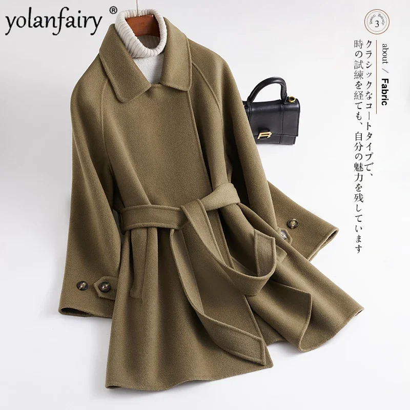 2022 Winter Double-sided Woolen Coat Women's Medium Lace-up Waist 100% Wool Coat for Women Elegant Clothes Chaqueta Feminine F