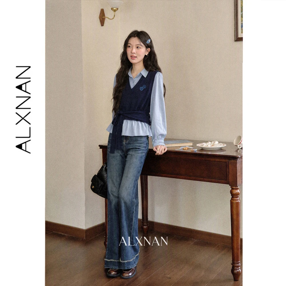 ALXNAN Blue Fake Two-piece Shirt for Women Autumn New Lapel Waist Slim Elegant Top Comes with Brooch L678173A