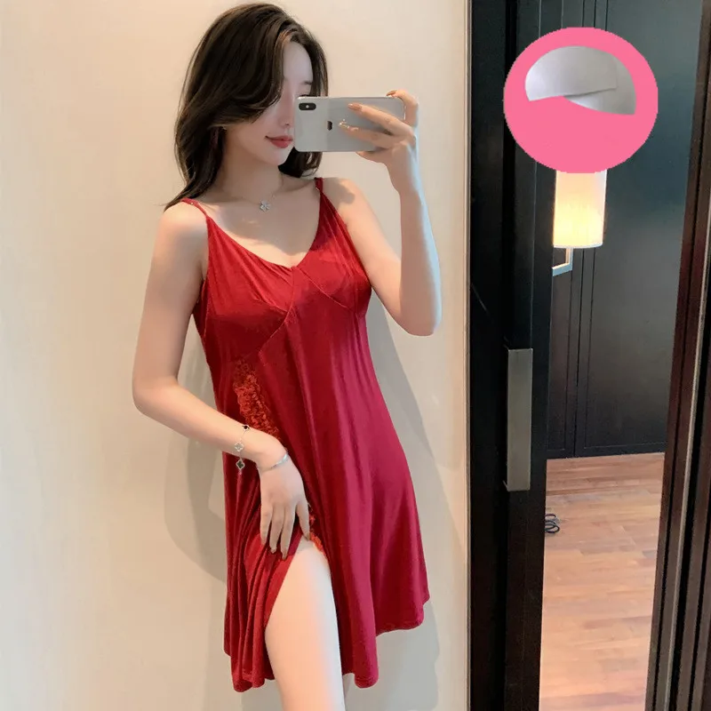 Fdfklak Sexy Modal Cotton Nightgowns Women Summer Lace Suspenders Dress Chest Pad Nightdress Home Service New Nuisette Femme