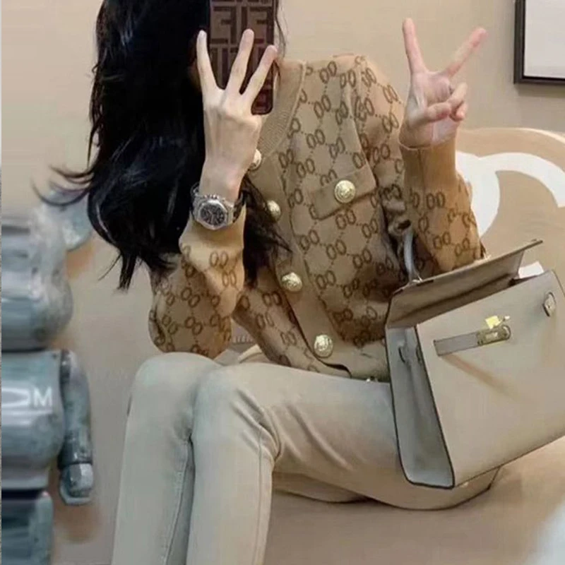 

Fashion Printed Short Sweater Jacket for Women Spring Autumn Temperament Elegant Waist-cinching Knit Top Fashion Women Clothing