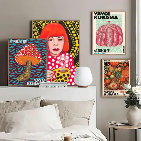 Yayoi Kusama exposición de arte flor de calabaza carteles de películas clásicas Vintage habitación Bar cafetería decoración pegatinas pintura de pared