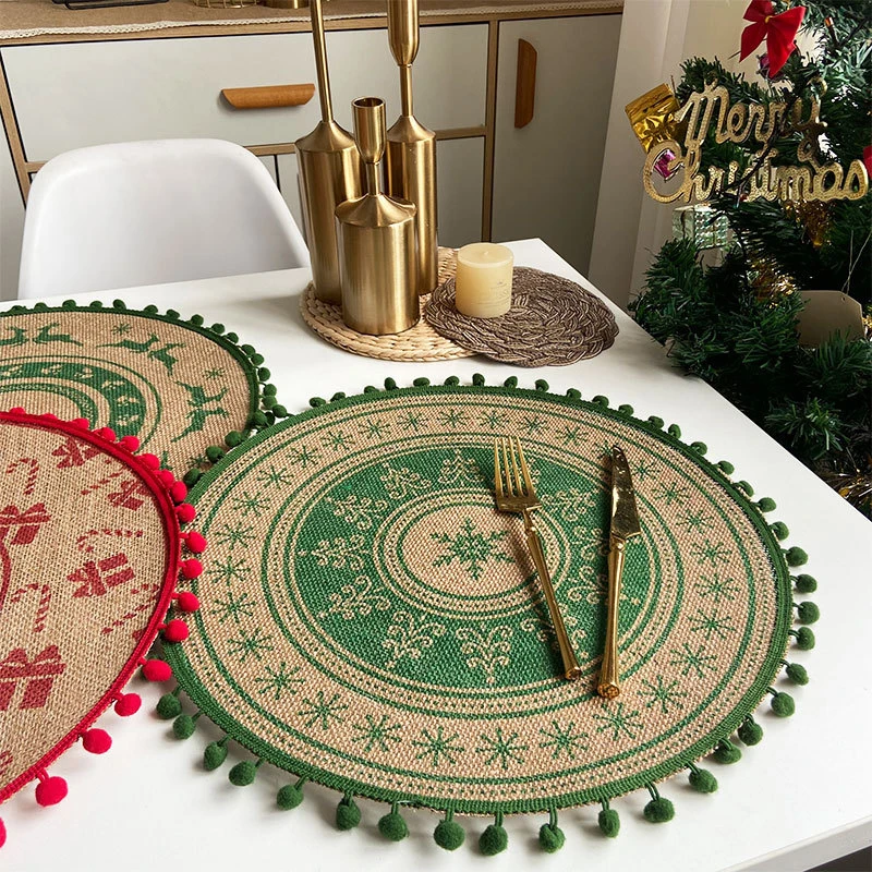 Round Christmas Retro Jute Placemat Printed Woven Dining Table Mat with Wool Ball Heat-Resistant Home Decorative Coffee Cup Mats