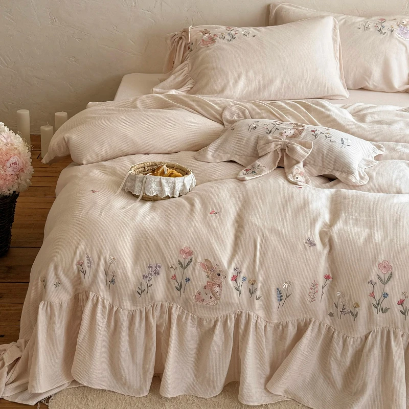 French Style Bedroom Romantic Girl Retro Color Woven Washed Cotton and Linen 4 Piece Set Bunny Embroidery Duvet Cover Bedding