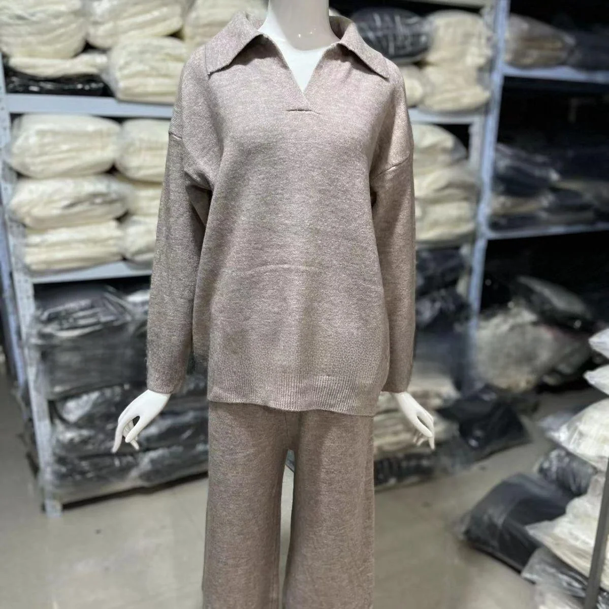 

Женский свитер с воротником, широкие брюки, вязаный свитер, комплект Faion, Long Sve Pure Color Briti Sle, осенняя коллекция