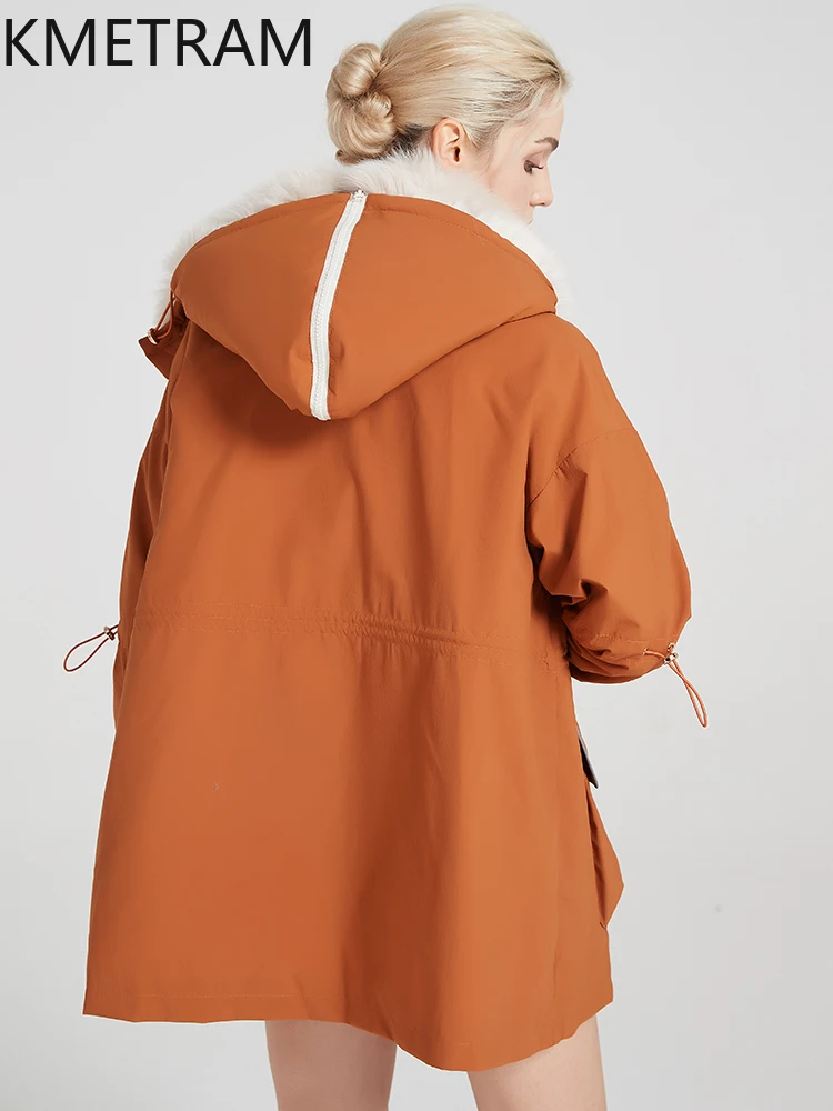 KMETRAM ملابس بطانة من فراء أرنب ريكس الطبيعي للنساء بياقة من فرو الثعلب سترة متوسطة الطول معاطف شتوية دافئة من الفرو لعام 2025