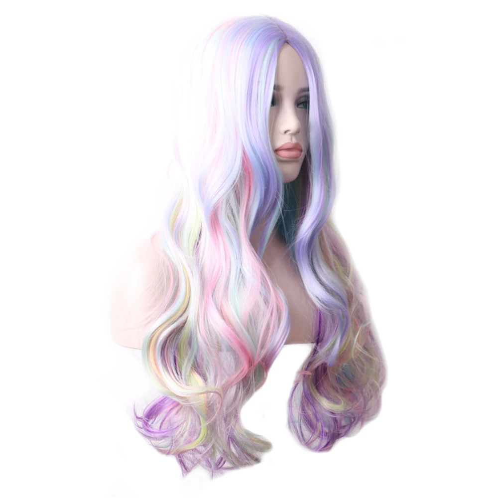 WoodFestival Synthetic Hair Colored Wigs Women Halloween Cosplay Wig Wavy Long Black Pink Red Purple Blue Green Brown Rainbow