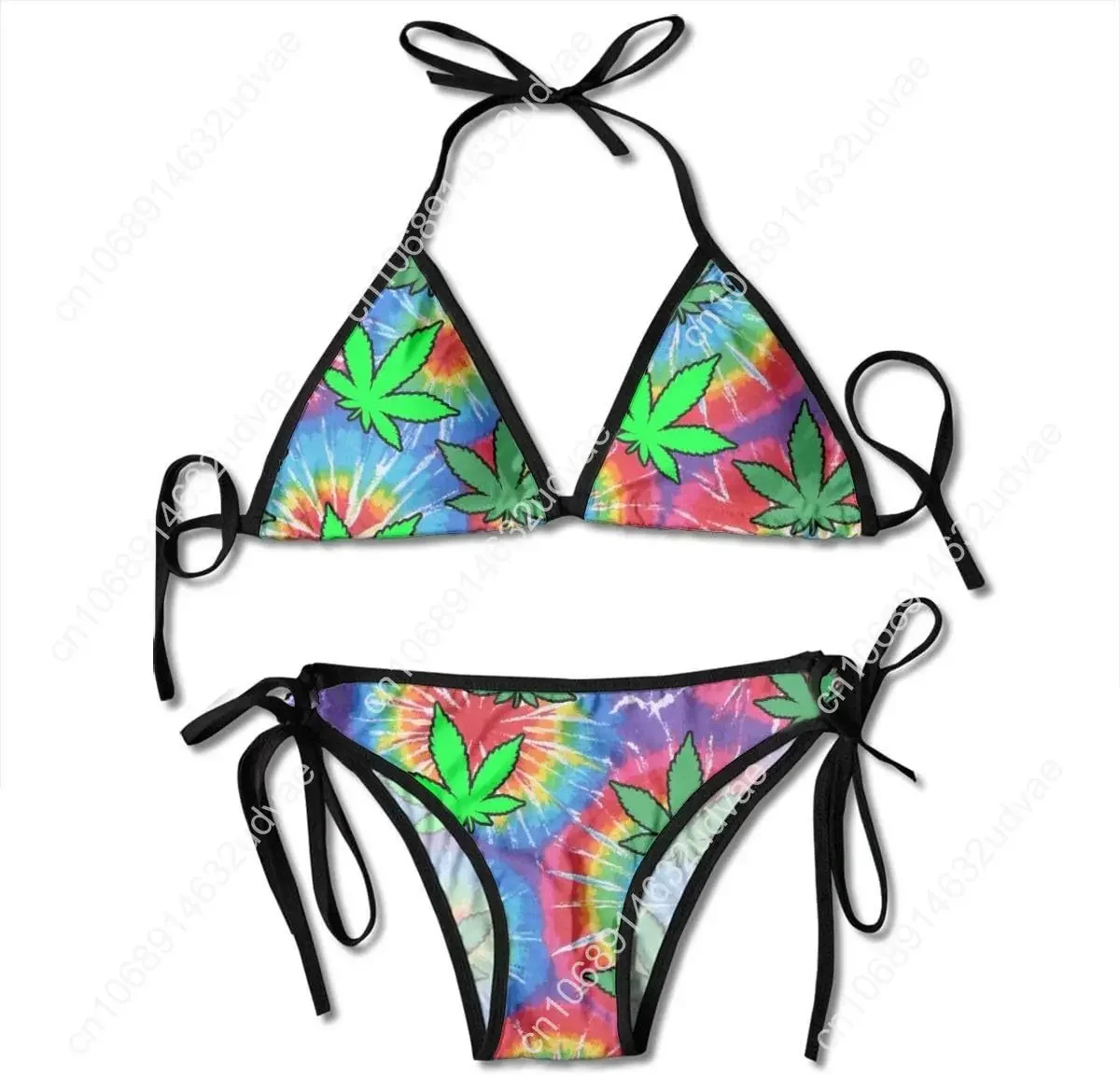 

Tie Dye Pot Leaf Weeds Купальники Бикини Комплект стрингов Купальник для пляжа Пляжное плавание Черный