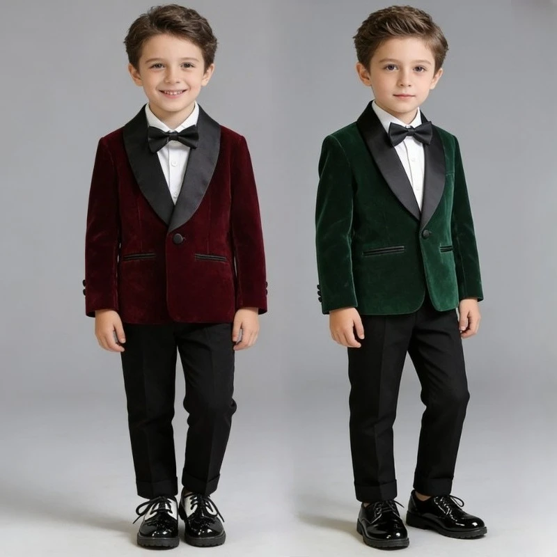 

Children One Year Old Birthday Tuxedo Outfits Black Elegance Velvet Weddings Suit for Boys Gentleman Piano Performance Costume
