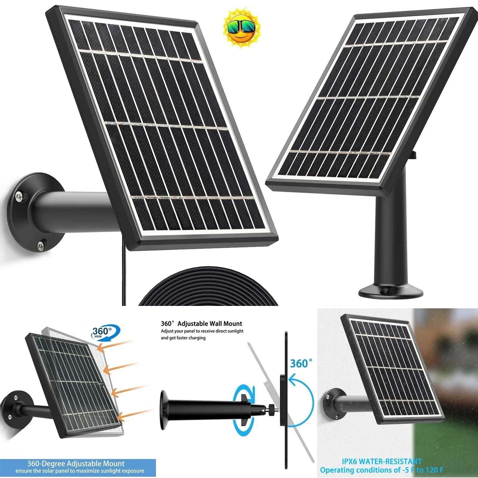 3.5W Solar Panel for Ring Stick Up Cam Battery/ Video Doorbell 1/2/3/3 Plus/4/Eufycam 2/2 Pro/2C/2C Pro/E/E20 E40