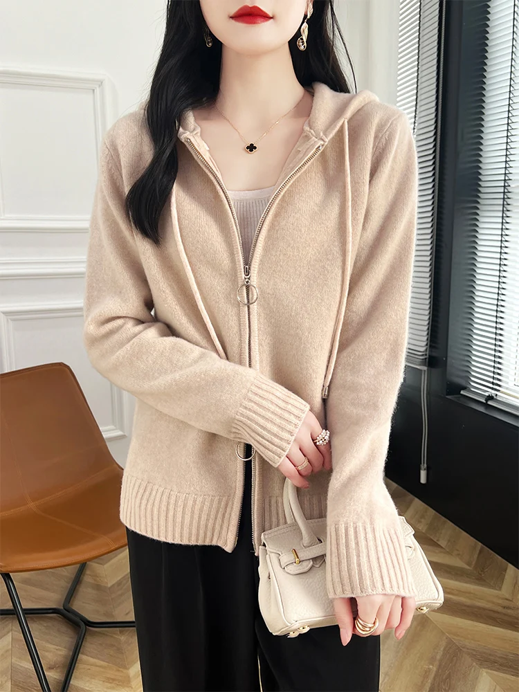 

New Women's Zipper Hooded Cardigan 100% Merino Wool Sweater Autumn Winter Long Sleeve Cashmere Knitwear Female Fashion Hoodie