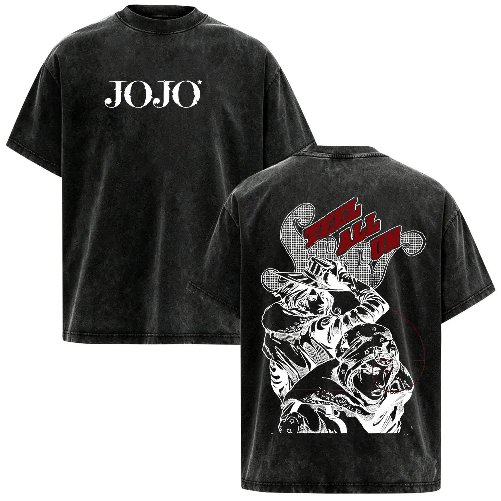 Anime JoJo Bizarre Adventure STEEL BALL RUN Gyro Zeppeli Johnny Joestar Vintage Washed T-shirts Men Women Short Sleeves T Shirts