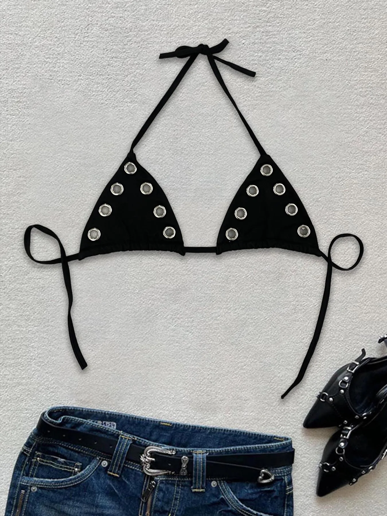 Vintage Y2K Black Halter Bikini Top Women With Metal Eyelet Design For Summer Beach Vacation Casual Wear