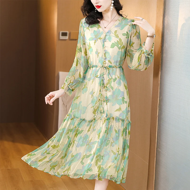 2023 New Fashion Silk Printed Dress Women's Autumn Vintage V-neck Long Sleeve Loose Fit Casual Holiday Party Dress