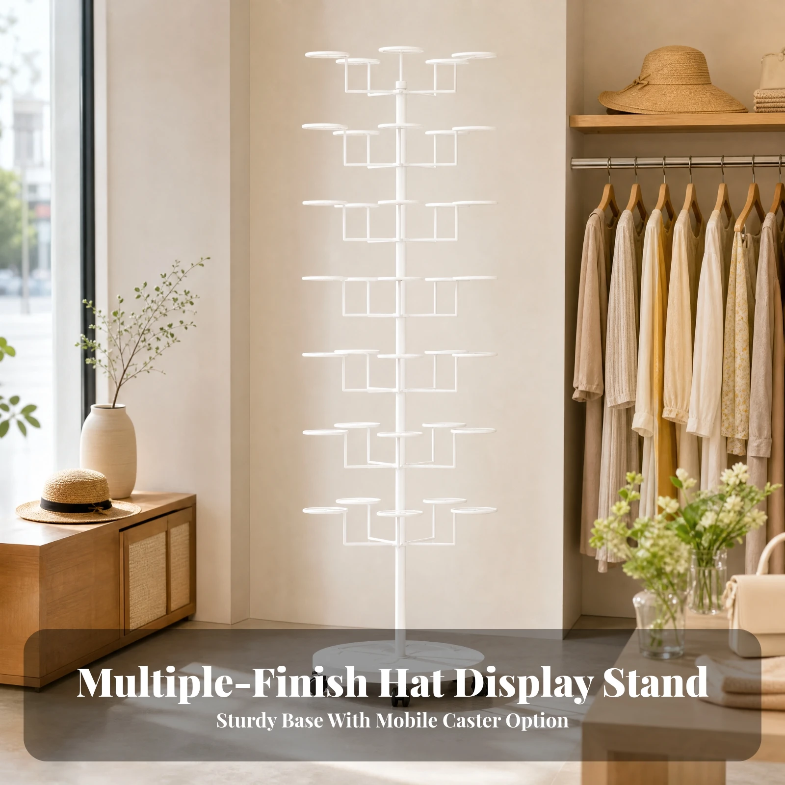 Freestanding Metal Hat Display Rack Vertical Seven-Tier Hat Rack with Casters Long-Lasting Space-Efficient