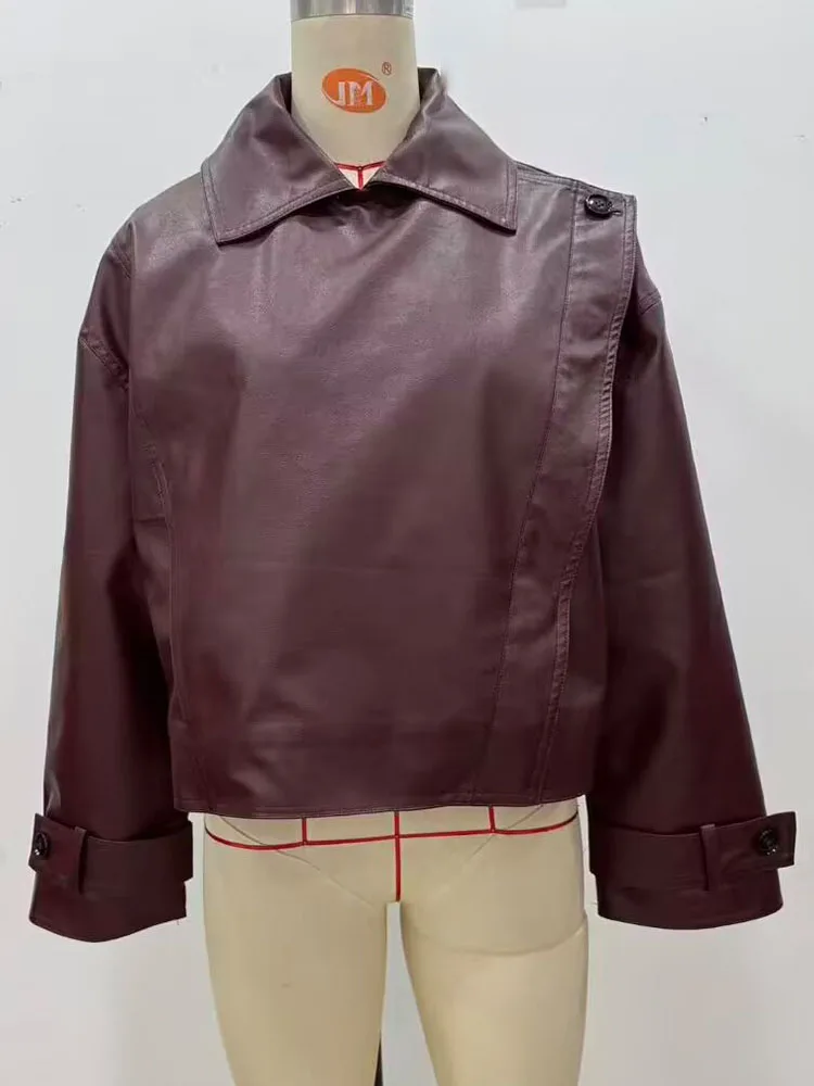 HH Women's Autumn Fashion Versatile Skinny Leather Gloss Long Sleeve Coat Female Retro Locomotive Wind Casual Elegant Jacket