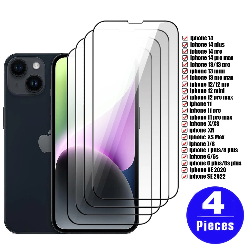 

4 шт. закаленное стекло для iphone 14 13 pro SE 3 Защитная пленка для iphone 11 12 mini X XS max XR 8 7 plus 6 6s Защита экрана