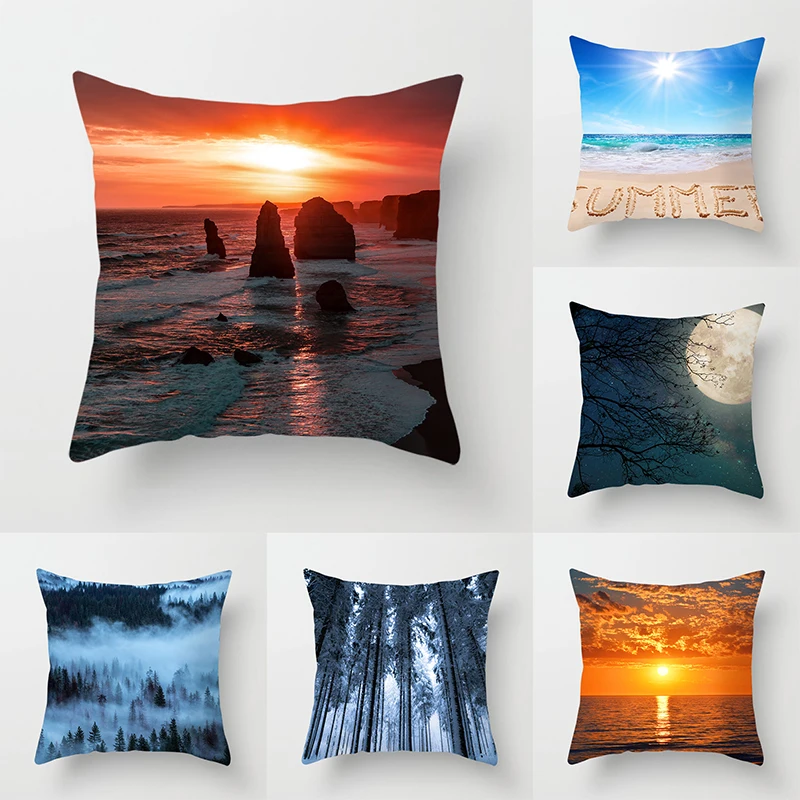 Beach Sunset Forest Mountain Fog Scenery Pillowcase Sofa Decoration Car Office Seat Cushion Cover Home