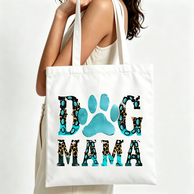 dog paw and letter print canvas tote bag, casual style for daily shopping and outings