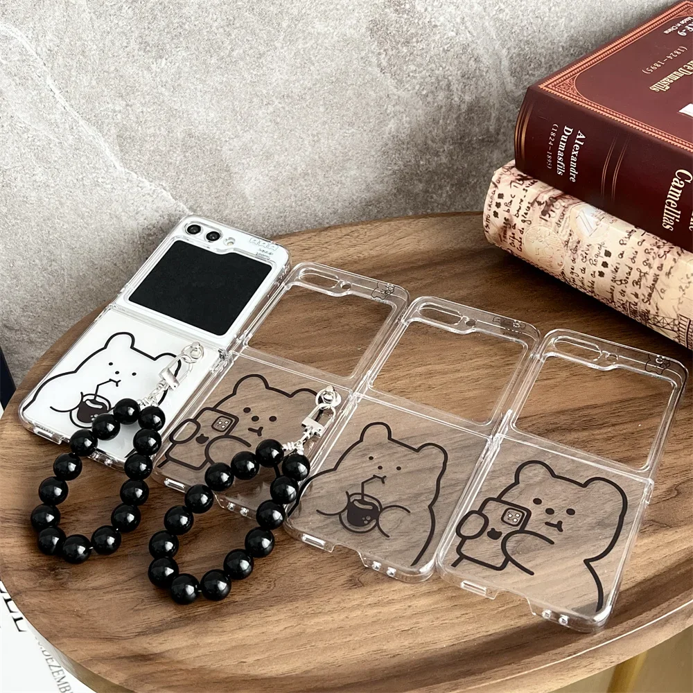 Lovely Cartoon Bear Case For Samsung Galaxy Z Flip 5 4 3 6 Bead Bracelet Cover For Galaxy Z flip5 Flip6 Clear Hand Chain Cover