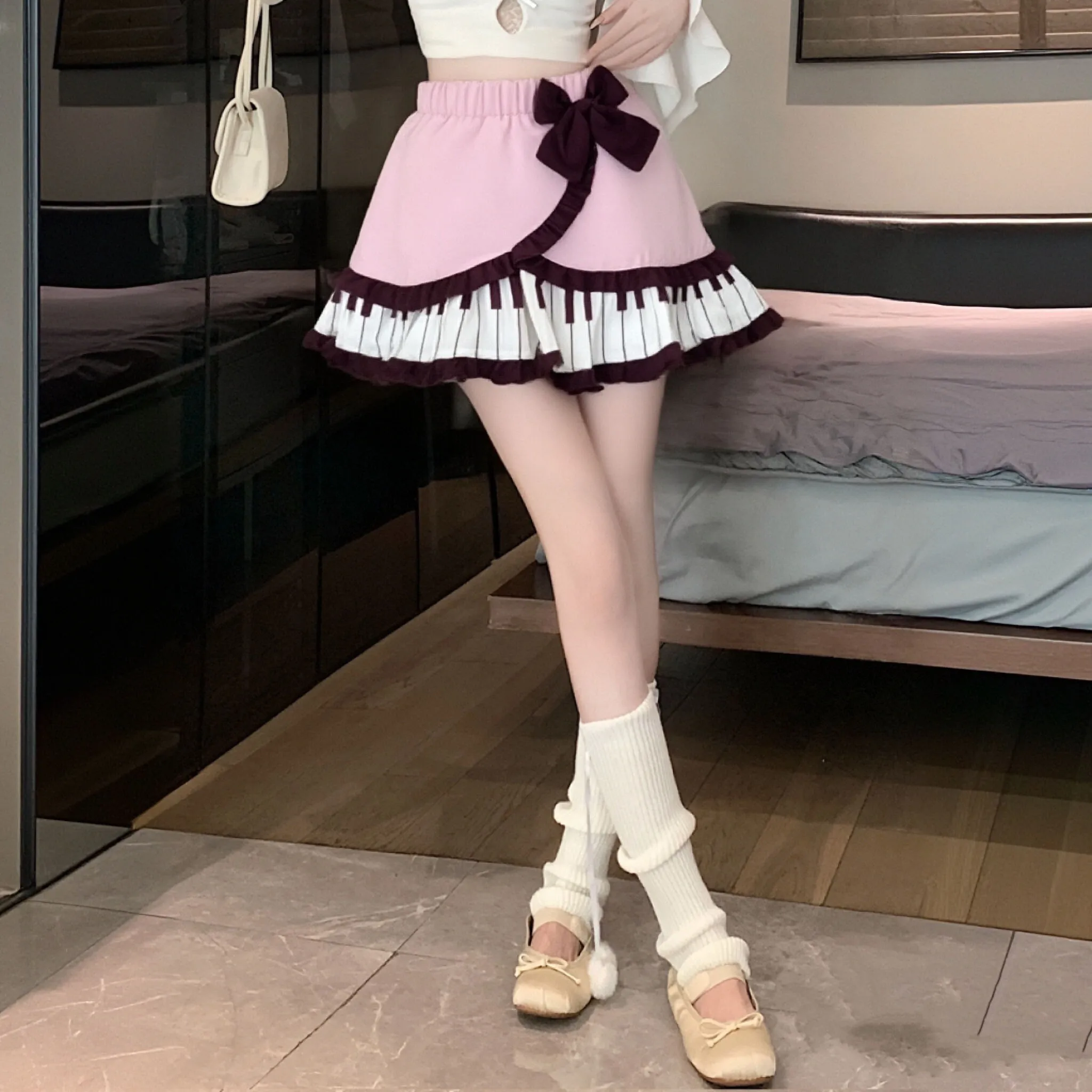 

Japanese Kawaii Lolita Style Piano Keys Print Skirts Women Sweet Bow Y2k High Waist Short Skirt Vintage Kawaii Cute Mini Skirt