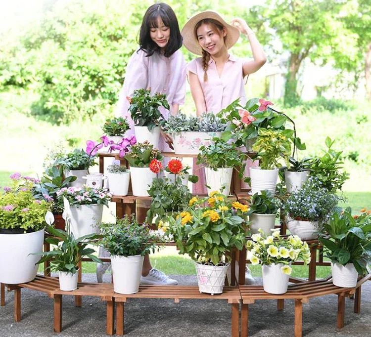 Solid Wood Corner Flower Stand Multi-layer Ladder Type Floor Plant Stand Balcony Wooden Flower Pot Shelf