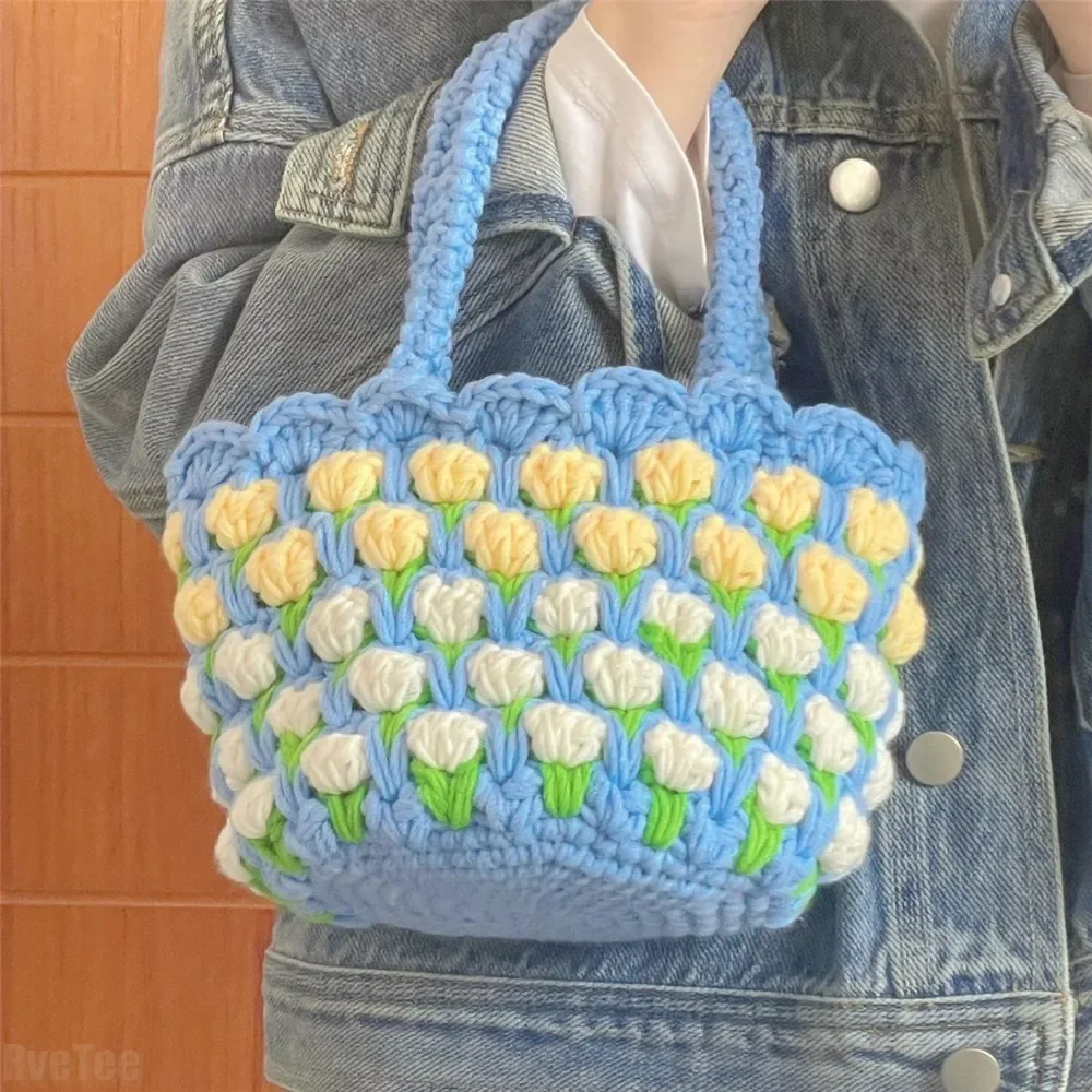 Tulip Wool Hand Bag Handmade Knitting Picnic Bag Lunch Bag for Women Girl Gift Outside