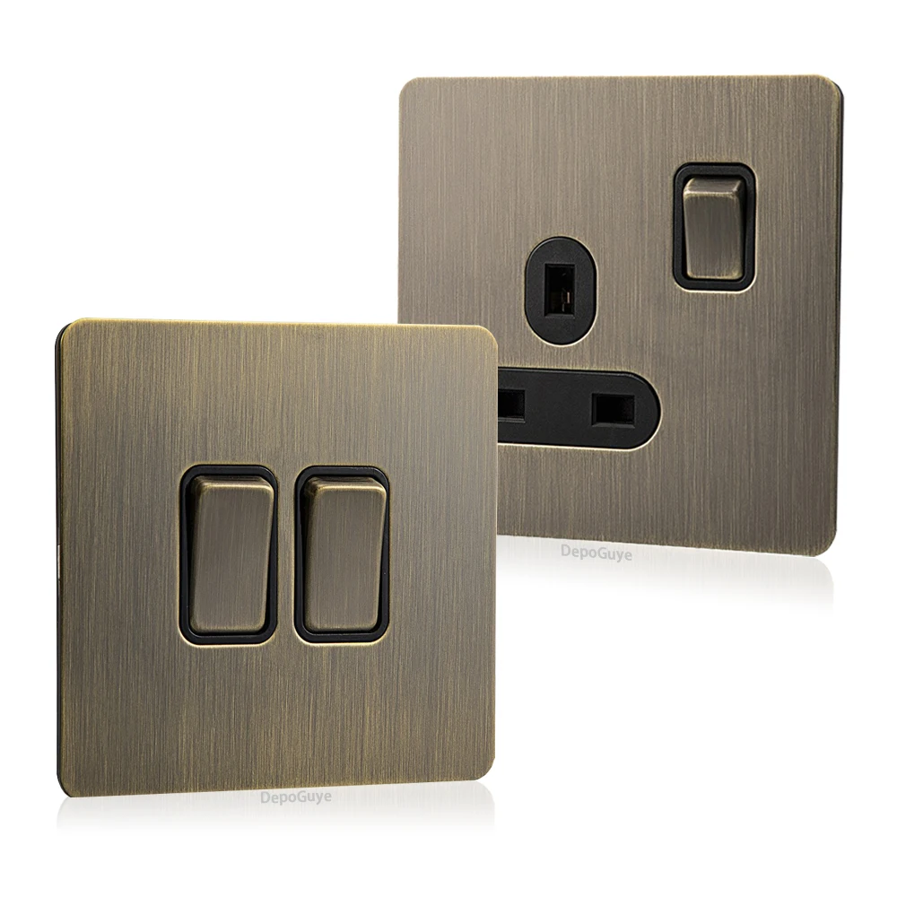 Retro Metal Brushed Antique Stainless Steel Push Button Switch Panel UK 13A Socket with USB Phone Charging for Home Improvement