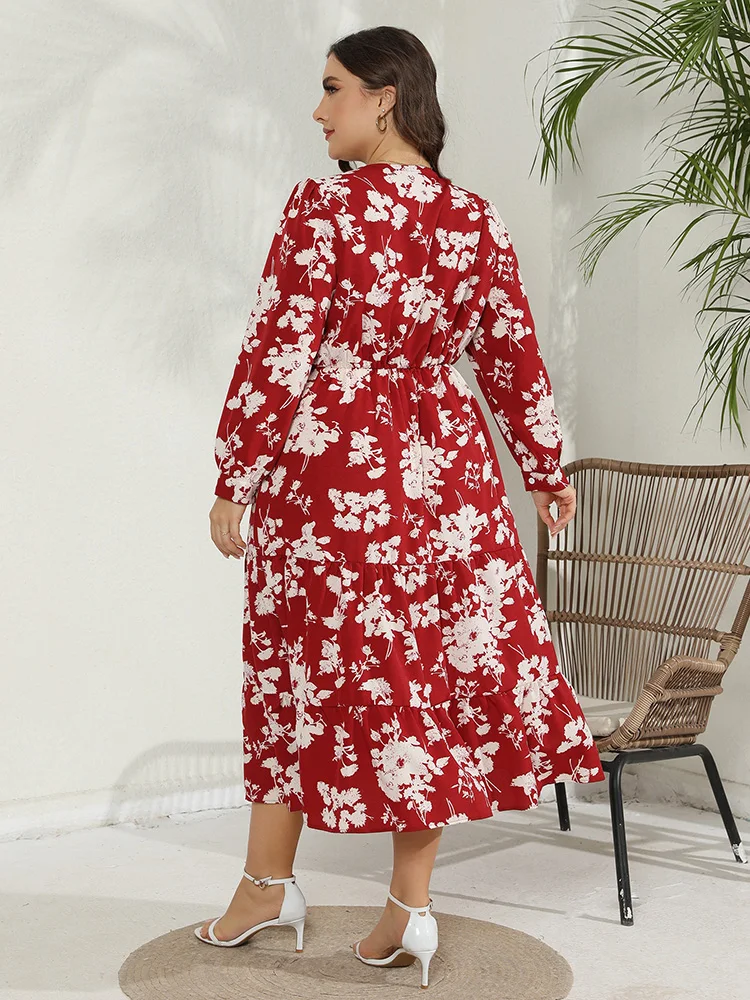 GIBSIE Plus Size V Neck Floral Print Ruffle Hem Boho Dress Women 2024 Spring Holiday Elastic Swing A-Line Beach Long Dresses